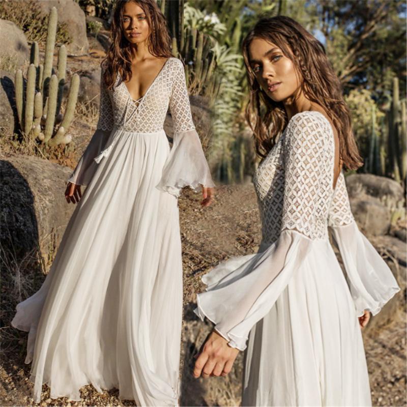 Long Flare Sleeve V-Neck White Hollow Lace Maxi Dress