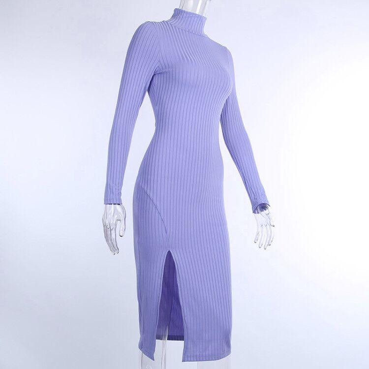 2024Ribbed Knitted Turtleneck Long Sleeve Dress