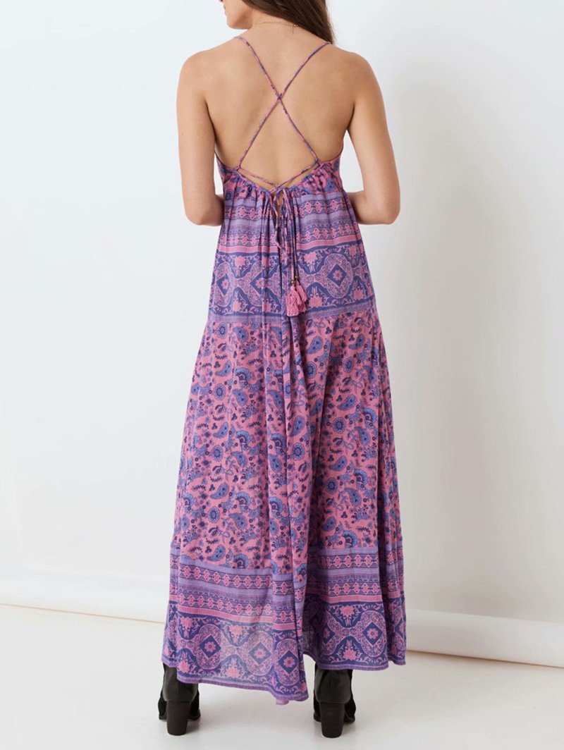 Purple Lace Up Backless Maxi Dress
