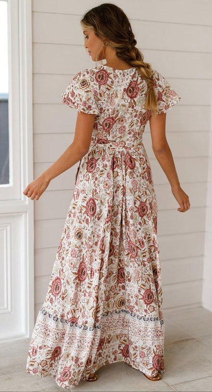 Short Sleeve Boho Floral High Split Maxi Dress
