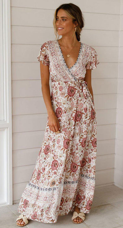 Short Sleeve Boho Floral High Split Maxi Dress