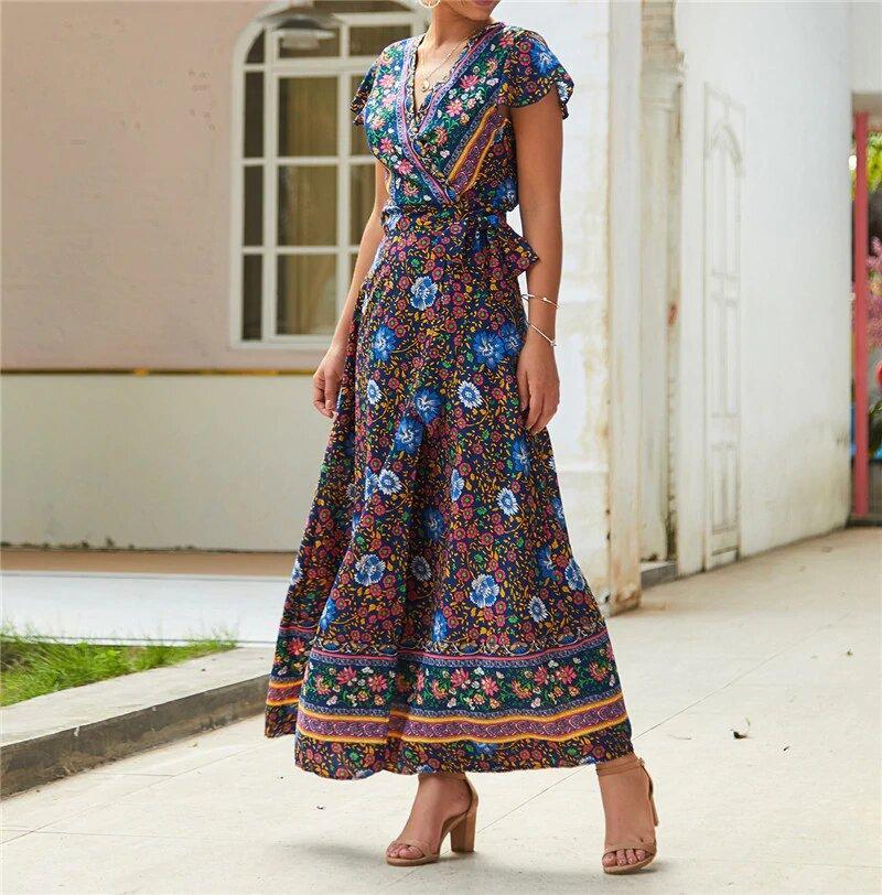 Short Sleeve Boho Floral High Split Maxi Dress