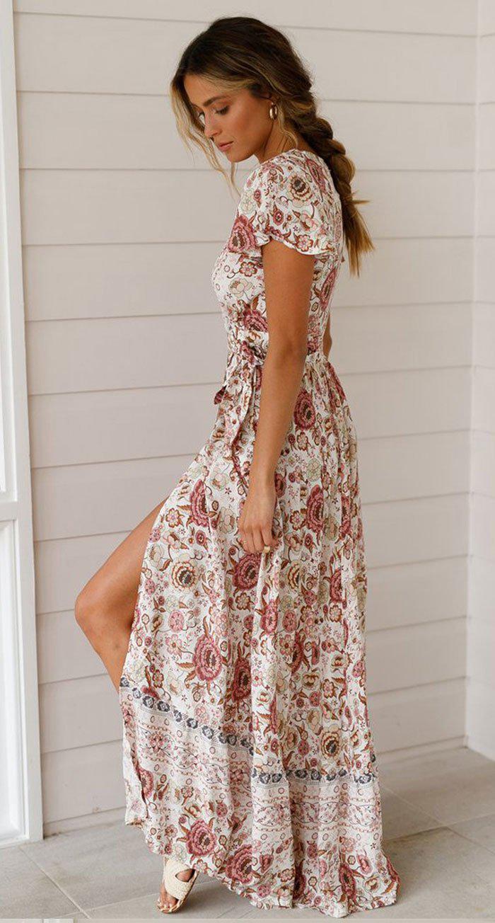 Short Sleeve Boho Floral High Split Maxi Dress