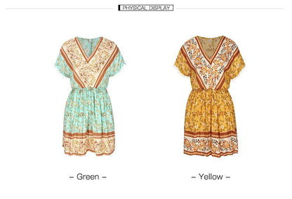 Short Sleeve Geometric Print Boho Dress