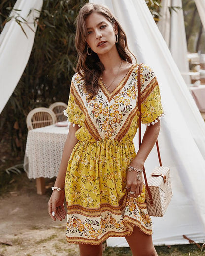 Short Sleeve Geometric Print Boho Dress