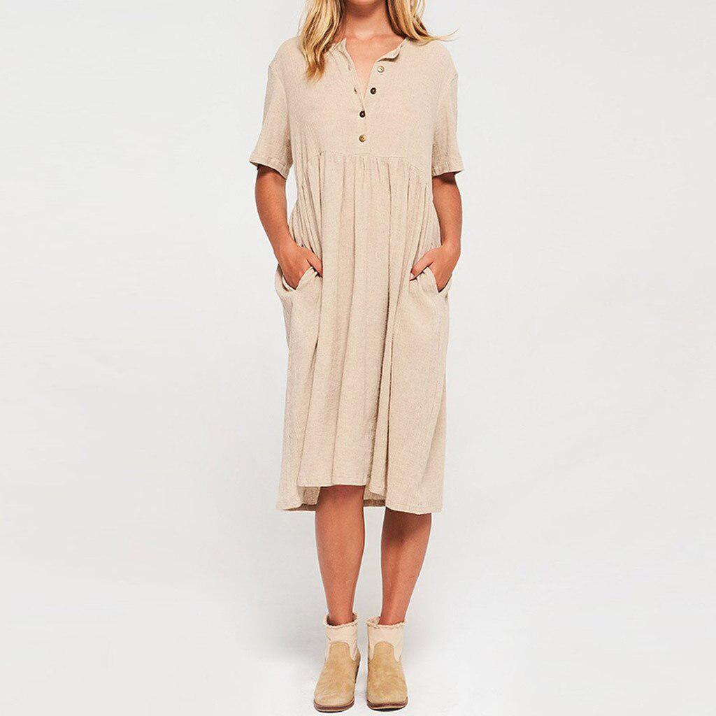 Short Sleeve Solid Midi Summer Dress