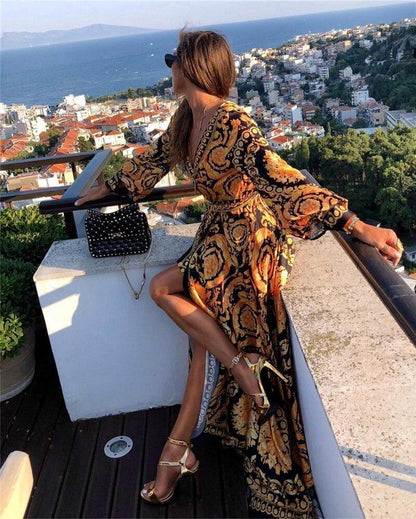 V-Neck Plus Long Tied Waistband Kimono Dress