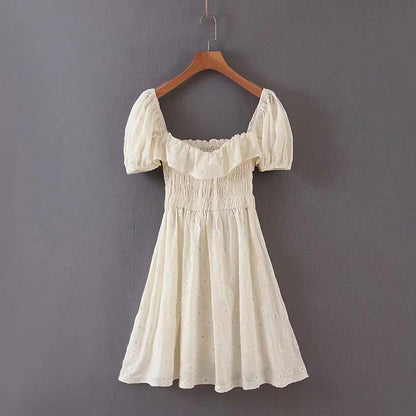 Vintage Beige Daisy Puff Sleeve Mini Dress