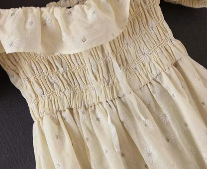 Vintage Beige Daisy Puff Sleeve Mini Dress