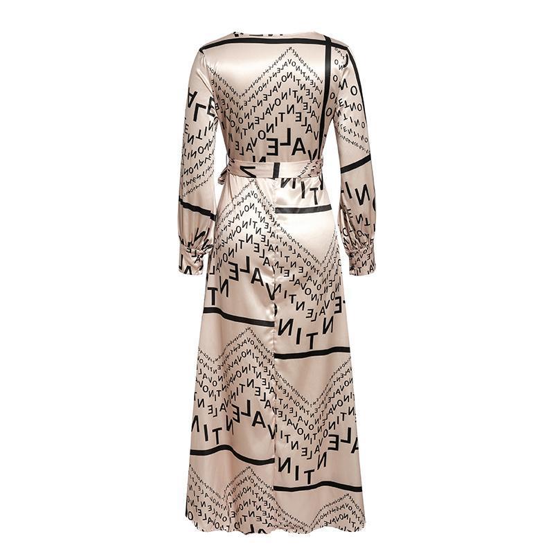 Vintage Letter Printed Long Sleeve Wrap Dress