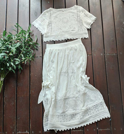 White Floral Embroidery Split Side 2pcs Summer Dress