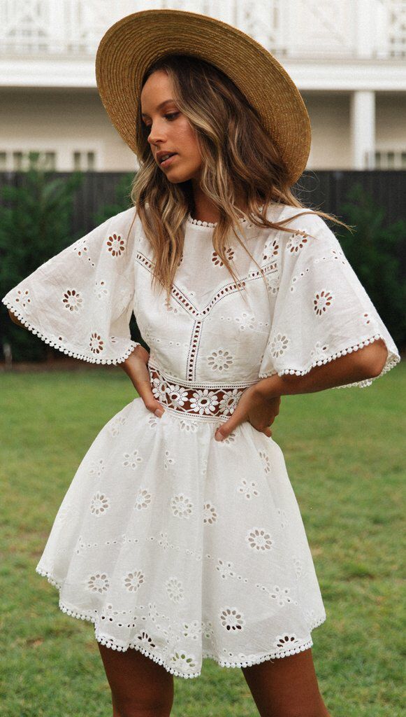 White Lace Floral Embroidery Short Sleeve Mini Dress