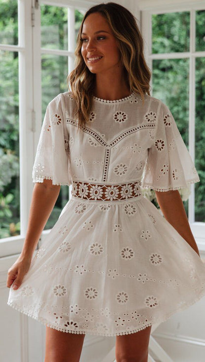 White Lace Floral Embroidery Short Sleeve Mini Dress