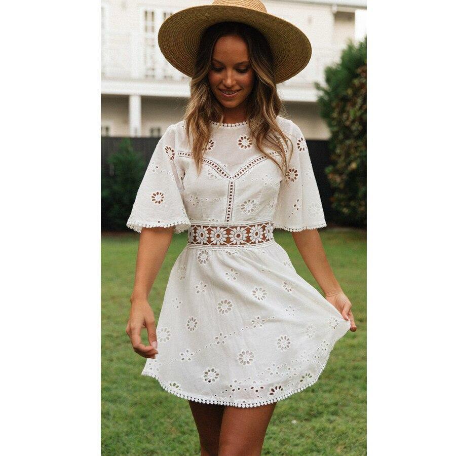White Lace Floral Embroidery Short Sleeve Mini Dress