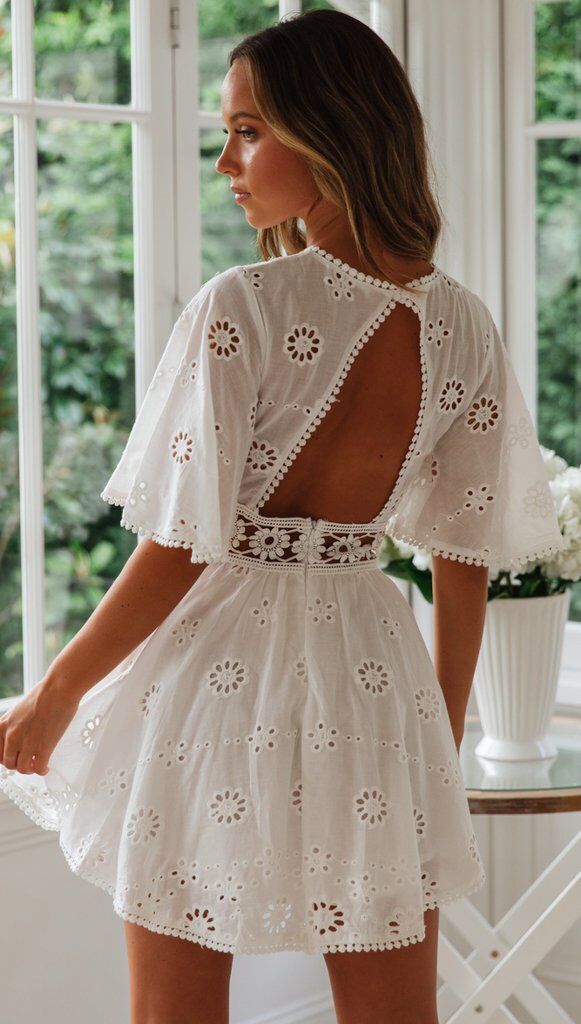 White Lace Floral Embroidery Short Sleeve Mini Dress