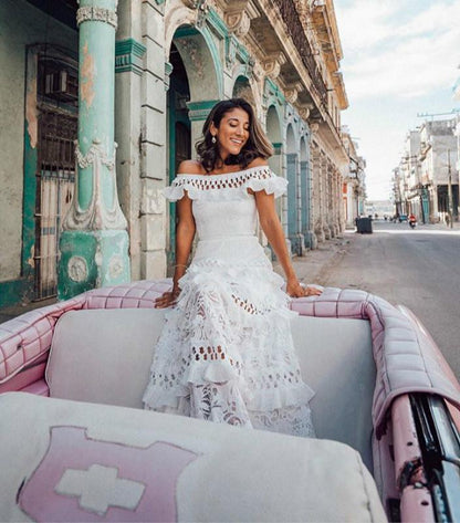 White Lace Petal Sleeve Vintage Maxi Dress