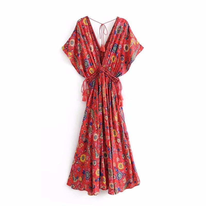 Wild Peacock & Flowers V-Neck Maxi Dress