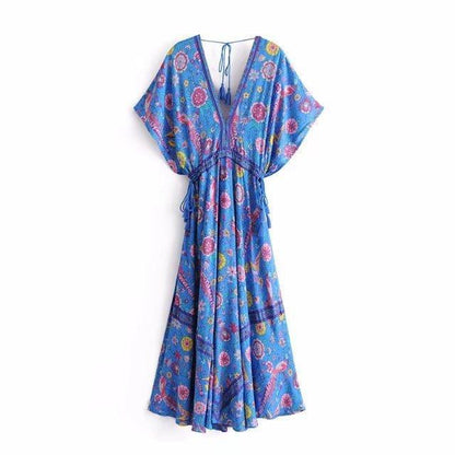 Wild Peacock & Flowers V-Neck Maxi Dress