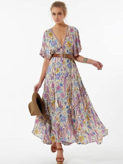 Wild Peacock & Flowers V-Neck Maxi Dress