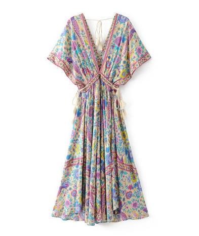 Wild Peacock & Flowers V-Neck Maxi Dress