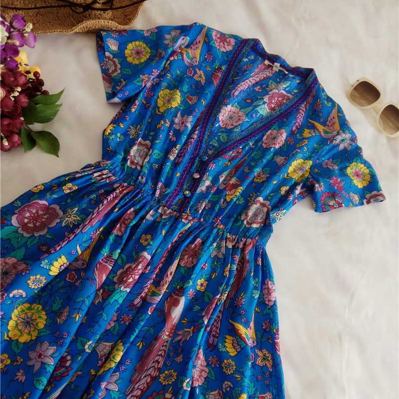Wild Peacock & Flowers V-Neck Mini Dress